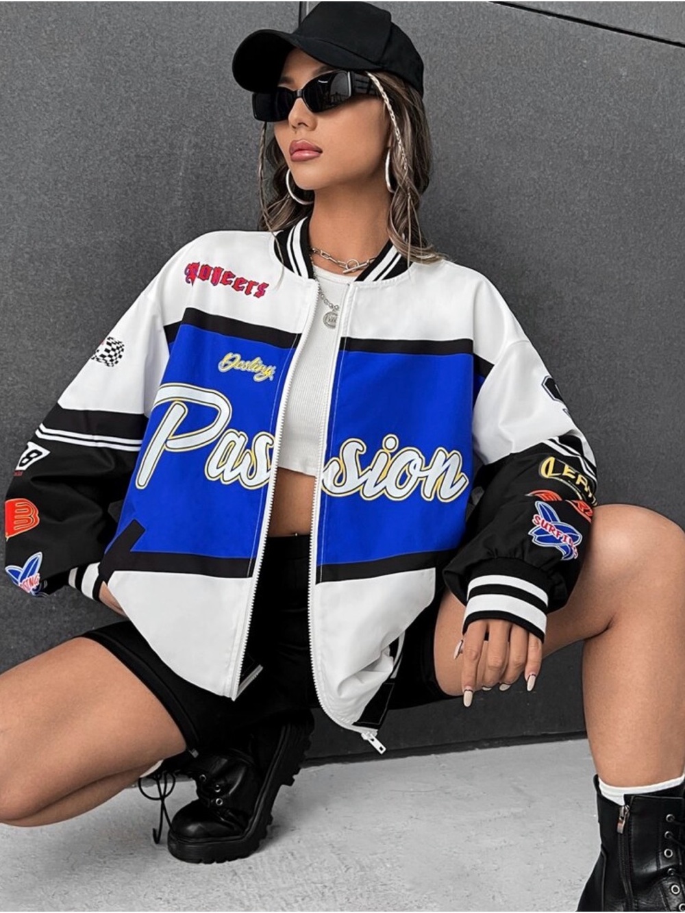 SHEIN White, Blue & Black Colorblock 'Passion' Varsity Jacket